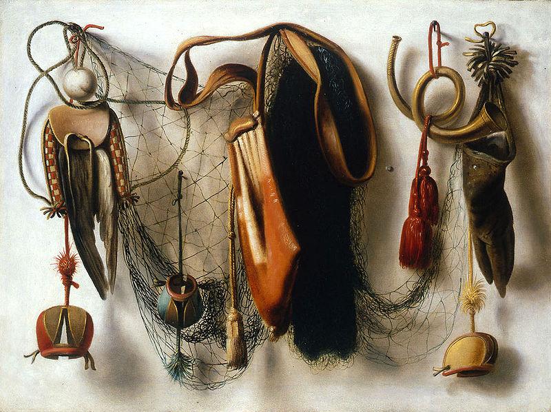 Christoffel Pierson A Trompe l'Oeil of Hawking Equipment, including a Glove, a Net and Falconry Hoods, hanging on a Wall.